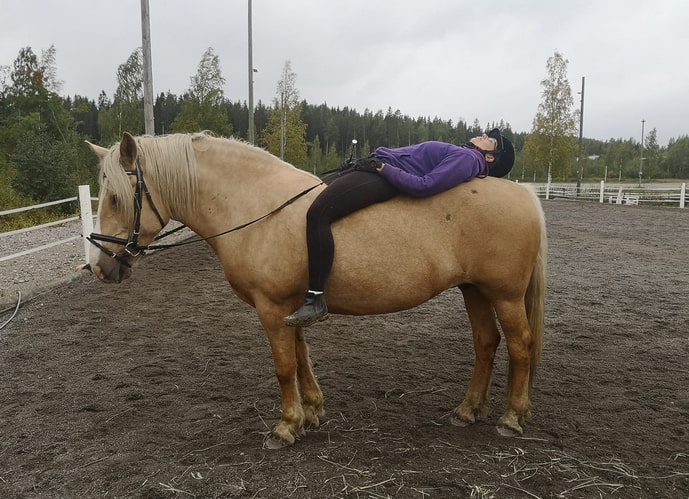 Ratsastaja makaa hevosen päällä